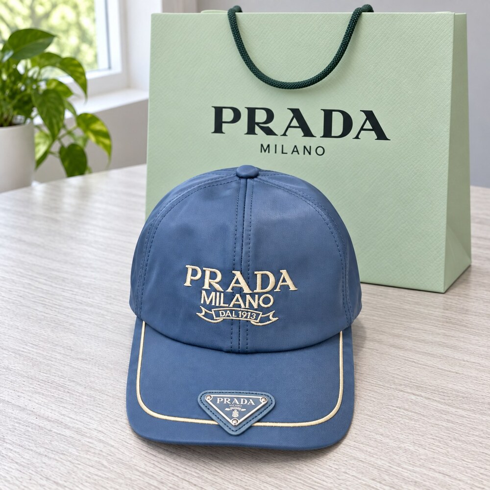 Prada Blue Cap with Cream Embroidery